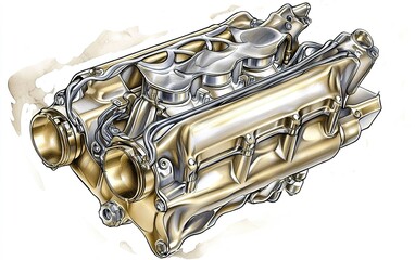 Poster - Detailed illustration of a car engine manifold highlighting its intricate design and engineering features