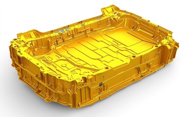 Poster - Bright yellow automotive chassis on a white background showcasing intricate design for vehicle manufacturing or assembly projects