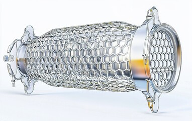 Poster - Detailed view of a honeycomb catalytic converter showcasing metallic structure and design features in automotive engineering