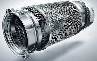 Poster - Detailed view of a modern turbocharger showcasing intricate metalwork and mesh components in automotive engineering