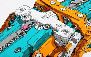Poster - Detailed illustration of a motor mechanism showcasing a chain system in vibrant colors, highlighting components and engineering design
