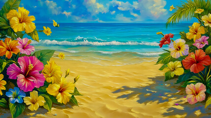 A painting of a beach with a colorful flower garden and a blue ocean.