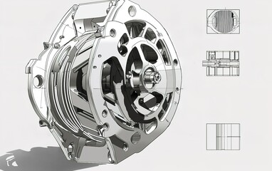 Poster - Detailed 3D rendering of an automobile alternator with technical drawings showcasing various views and components in a neutral background
