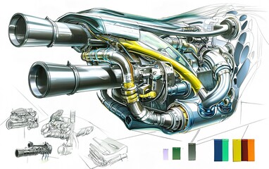 Poster - Detailed illustration of a high-performance engine showcasing intricate components and pipework, designed for automotive enthusiasts