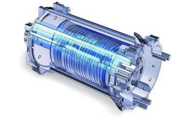 Poster - Detailed view of a futuristic energy generator showcasing intricate internal components and glowing blue elements during a technical design phase