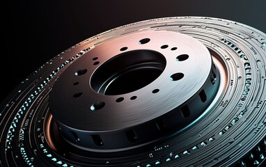 Poster - Close-up view of a metallic brake disc highlighting intricate details and design elements in a dark setting