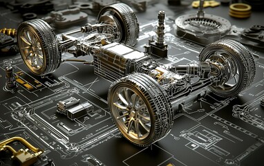 Poster - Detailed depiction of an electric vehicle chassis with intricate components on a blueprint background