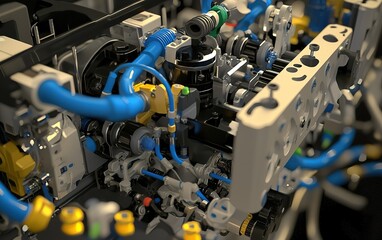 Poster - Close-up view of a complex hydraulic system with blue tubing and various mechanical components in a modern machine workshop