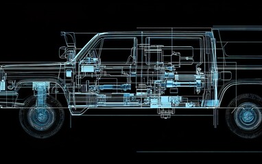 Poster - Detailed technical illustration of a vehicle's internal components and mechanical systems in a digital format