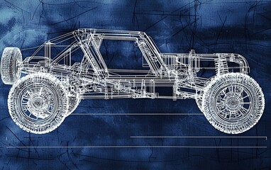 Poster - Detailed wireframe illustration of an off-road vehicle against a blue abstract background showcasing its unique design features