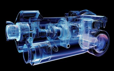 Poster - Detailed diagram of an engine component showcasing transparent visual representation with intricate parts at a futuristic angle