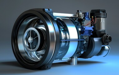 Poster - High-performance turbocharger displayed against a modern backdrop, showcasing intricate engineering and design details