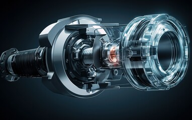 Poster - Detailed view of a futuristic mechanical component design showcasing intricate engineering and transparent elements in a dark setting