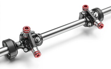 Poster - Close-up view of a precision engineered metal shaft assembly with red accents designed for high-performance machinery