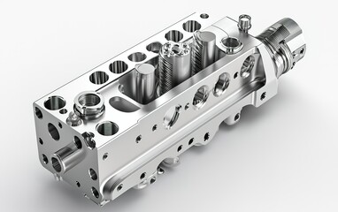 Poster - Detailed view of a metallic hydraulic valve block showcasing precision engineering and design from a manufacturing facility
