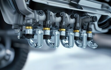 Poster - Close-up view of an automotive fuel injector assembly in a modern vehicle engine environment