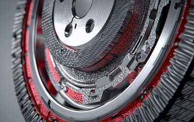 Poster - Close-up of a detailed automotive brake disc showcasing intricate design and materials suitable for high-performance vehicles