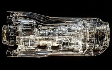 Poster - Detailed view of a transparent engine component showcasing intricate machinery and engineering design against a dark background