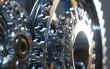 Poster - Close-up view of intricate metal gears showcasing precision engineering in a modern workshop during daylight hours
