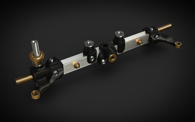 Poster - Precision engineering of a black and silver fuel rail system for automotive performance in a workshop environment