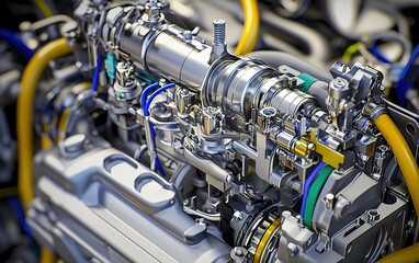 Poster - Close-up view of a complex automotive engine showcasing intricate components and vibrant wiring during technical assembly