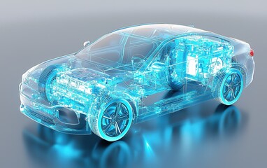 Poster - 3D rendering of an electric vehicle showcasing its internal components and technology in a sleek blue design against a simple background