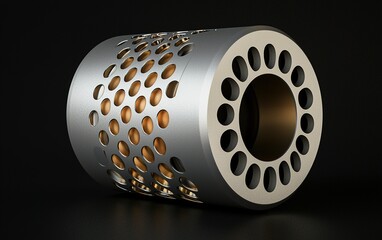 Poster - A detailed view of a metallic mesh cylinder showcasing intricate patterns and open sections against a dark background