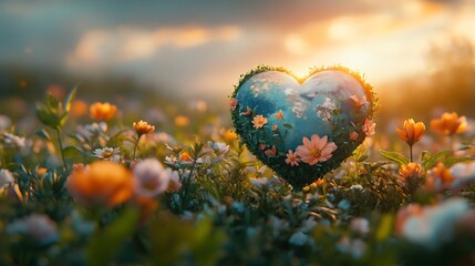 Poster - Heartshaped planet floating above a lush green meadow with blooming flowers representing Earth Day and the need to protect the environment with a soft glowing sky in the background