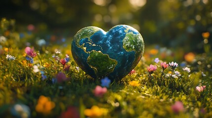 Poster - Heartshaped planet resting on a lush green meadow symbolizing love and care for Earth on Earth Day Vibrant flowers surround the globe blending nature and sustainability in a serene landscape