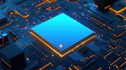 Poster - Close Up of a Blue Circuit Board with Glowing Edges
