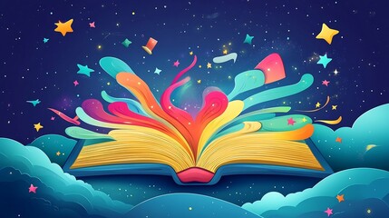 Poster - Lively flat design cartoon illustration for World Book Day highlighting an open book with vibrant stories spilling out animated elements like stars and clouds enhancing the sense of wonder