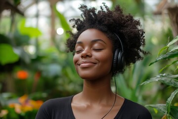 Happy peaceful black woman with closed eyes wearing headphones listening music and smiling working in greenhouse with tropical exotic plants, Generative AI