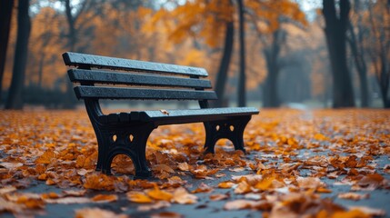 Poster - A solitary bench sits in a peaceful park covered in vibrant orange leaves. The ground is wet from recent rain, enhancing the autumn atmosphere.