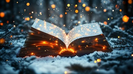 Poster - Magical open book with glowing pages surrounded by a snowy forest Soft twinkling lights fill the air creating a Christmas fairytale scene perfect for winter holiday storytelling
