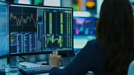 Poster - Businesswoman Analyzing Financial Data on Multiple Monitors