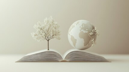 Poster - Minimalist 3D illustration for World Book Day showcasing a simple open book with a small globe and delicate tree silhouettes on its pages set against a soft neutral background