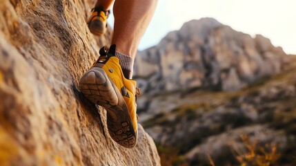 Wall Mural - A climber's foot in a yellow and black climbing shoe on a rock.