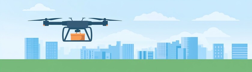 Illustration of a drone delivering a package against a city skyline background, showcasing modern technology and urban logistics.