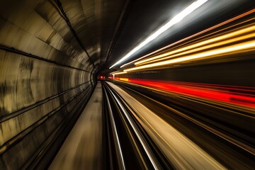 Motion blur of moving train in the tunnel