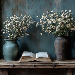 Poster - Minimalist 3D scene of an open book on a weathered wooden table accompanied by fresh flowers gently scattered around evoking a calming and inspiring atmosphere for World Book Day
