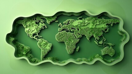 Poster - Minimalist Earth Day web banner showcasing paper cut style world map detailed continents and oceans Green tones highlight ecofriendly themes promoting the importance of environmental sustainability