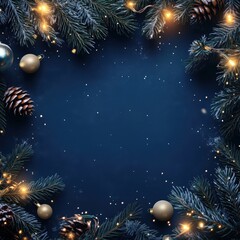 square christmas or new year frame top view, decorative stars, balls and tree branches over blue nav