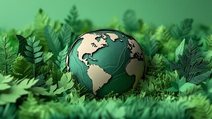 Poster - Minimalist paper cutout design of the Earth surrounded by green leaves and trees celebrating Earth Day with a focus on sustainability environmental protection and the beauty of nature