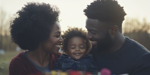 Happy family with little girl laughing at golden sunset. Tender lifestyle moment concept. Parent child bonding portrait. Documentary photography with copy space