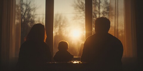 Family silhouettes watching sunset together near window. Peaceful evening lifestyle concept. Parent child bonding moment. Documentary photography with copy space