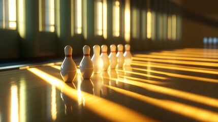 Wall Mural - A set of bowling pins in a bowling alley, lit by sunlight streaming through windows.