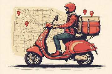 Illustration of a cartoon-style delivery man on a scooter, featuring a digital map with route from restaurant to customer in vector design.
