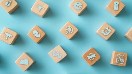 Poster - Minimalist World Health Day design with wooden cubes featuring globe symbols and healthrelated icons arranged neatly on a soft blue background symbolizing global wellbeing and awareness
