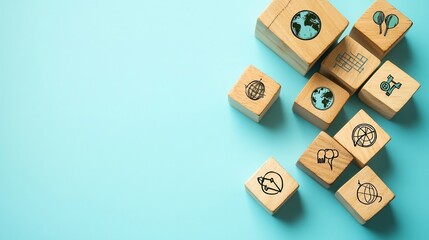 Poster - Minimalist World Health Day design with wooden cubes featuring globe symbols and healthrelated icons arranged neatly on a soft blue background symbolizing global wellbeing and awareness