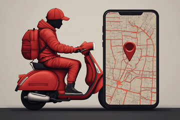 Illustration of a cartoon-style delivery man on a scooter, featuring a digital map with route from restaurant to customer in vector design.
